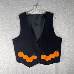 Vintage Black Silk Halloween Vest Womens Size XL Embroidered Appliqué Pumpkins